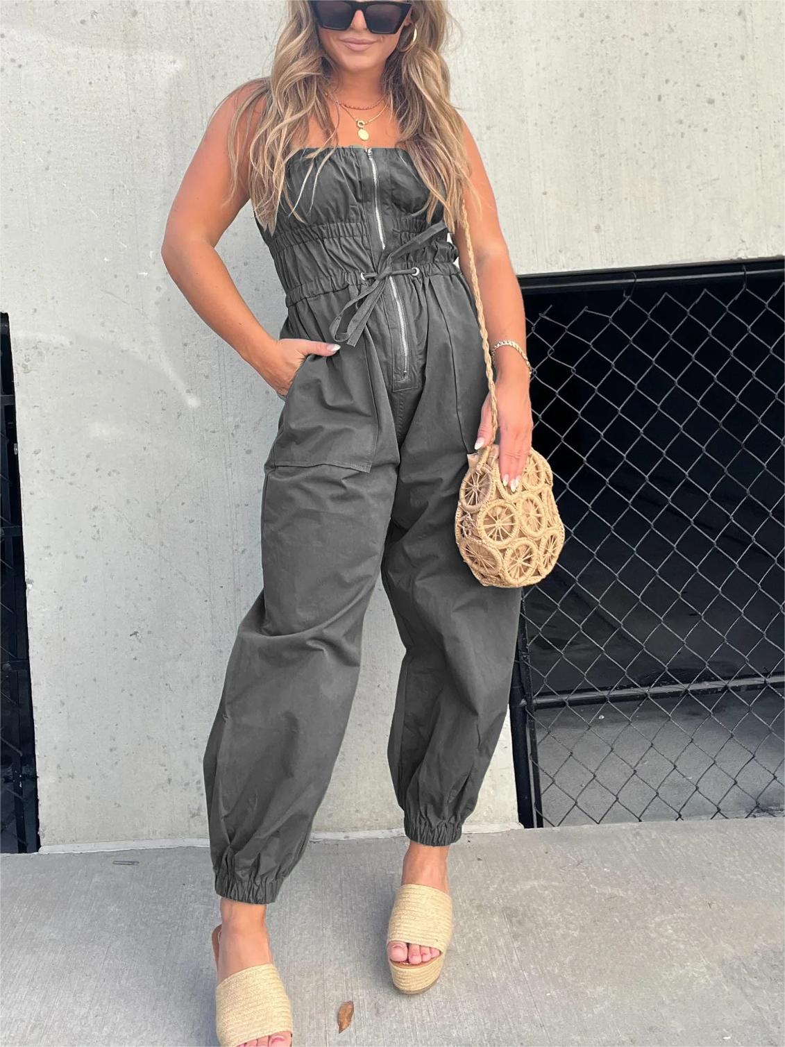 Ruched Elastic Front Zipper Cargo Jumpsuit ✨Buy 2 Free Shipping