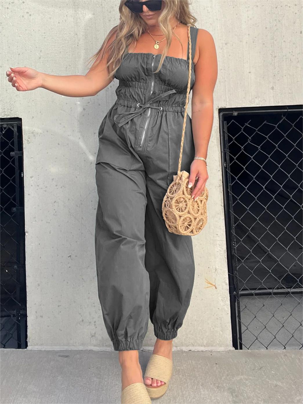 Ruched Elastic Front Zipper Cargo Jumpsuit ✨Buy 2 Free Shipping