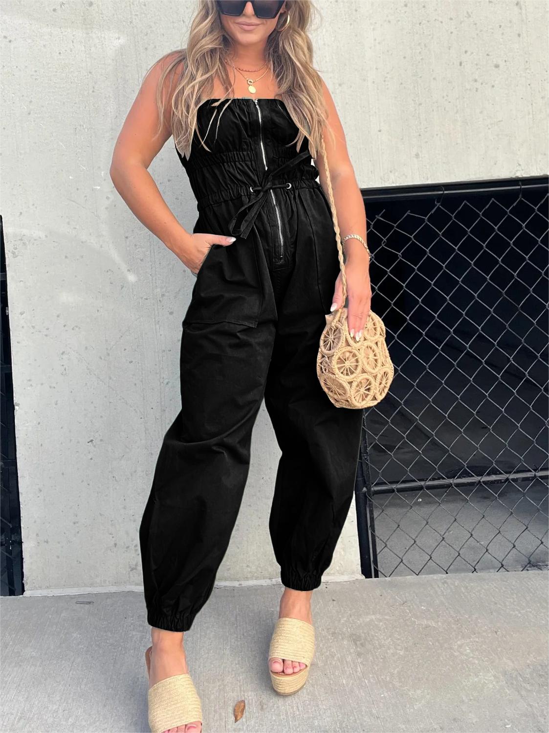 Ruched Elastic Front Zipper Cargo Jumpsuit ✨Buy 2 Free Shipping