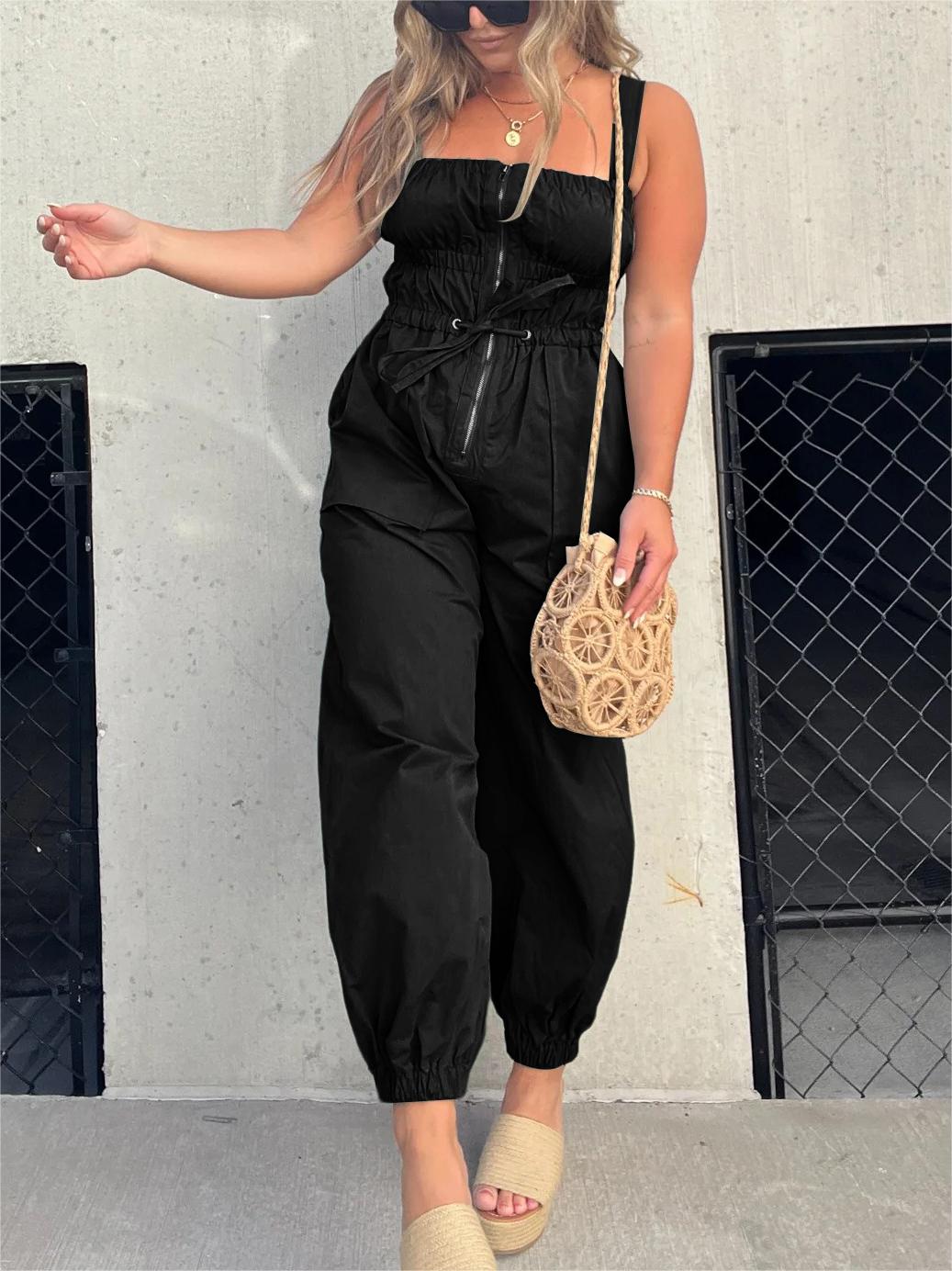 Ruched Elastic Front Zipper Cargo Jumpsuit ✨Buy 2 Free Shipping