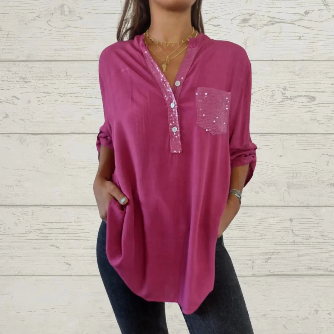 Cotton V-neck Sequin Mid-sleeve Casual Top✨Buy 3 Free Shipping