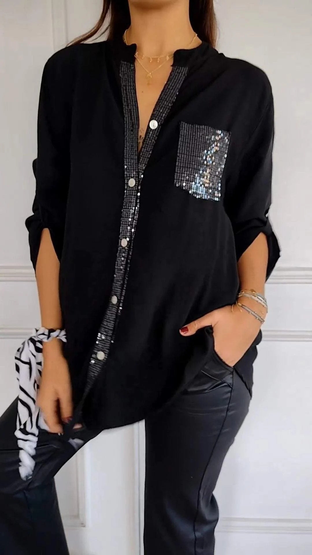 Cotton V-neck Sequin Mid-sleeve Casual Top✨Buy 3 Free Shipping