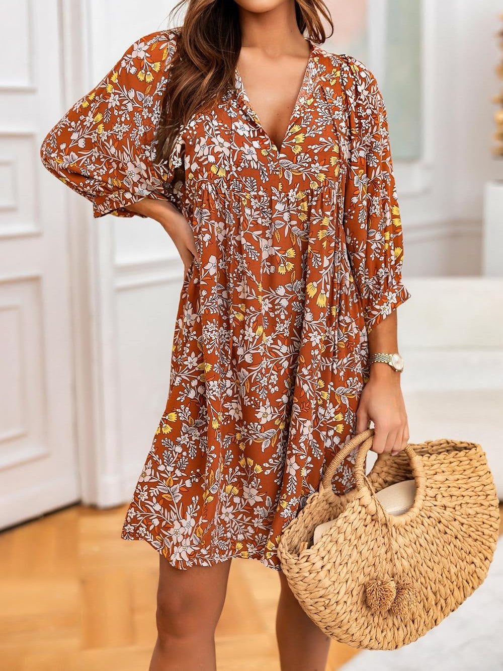 V Neck Summer Half Sleeve Floral Tunic Short Dress✨Buy 2 Free Shipping