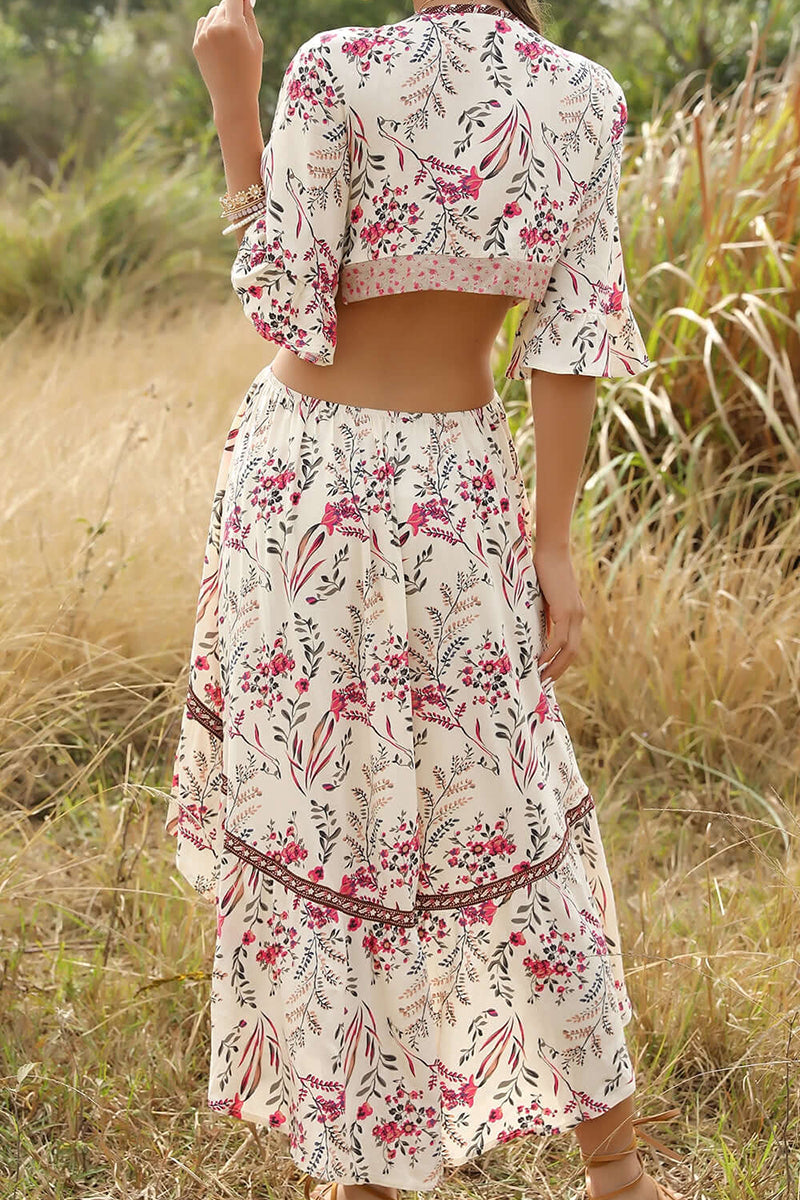 Bohemian Deep V Collar Tie With Back Detail, Prints Irregular Hem Dress✨Buy 2 Free Shipping