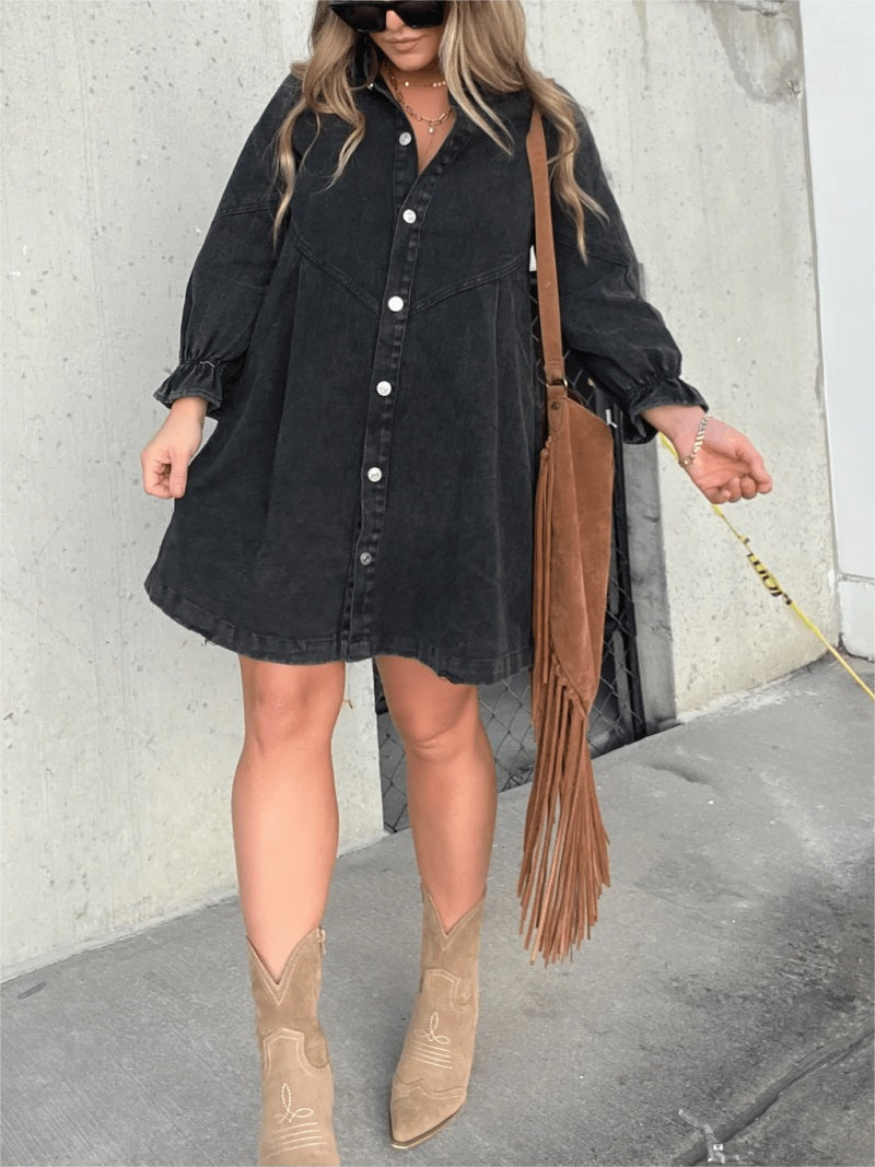 Washed Denim Puff Sleeve Dress ✨Buy 2 Free Shipping