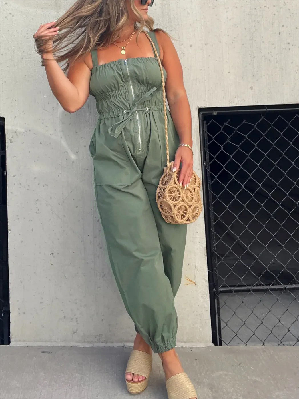 Ruched Elastic Front Zipper Cargo Jumpsuit ✨Buy 2 Free Shipping