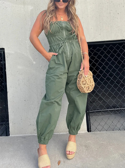 Ruched Elastic Front Zipper Cargo Jumpsuit ✨Buy 2 Free Shipping