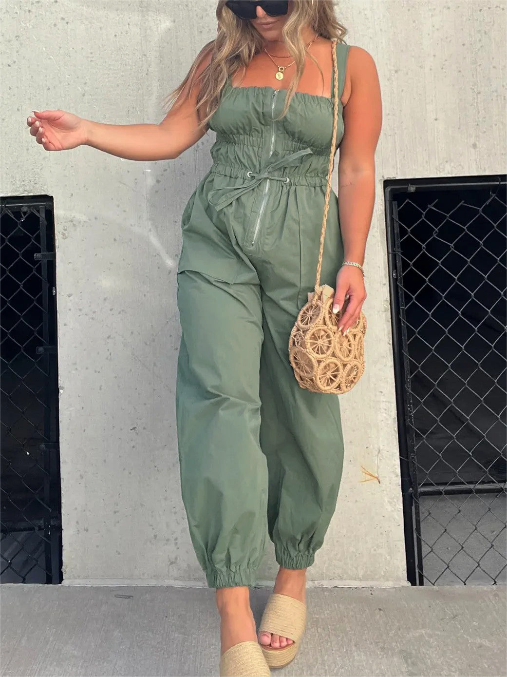 Ruched Elastic Front Zipper Cargo Jumpsuit ✨Buy 2 Free Shipping