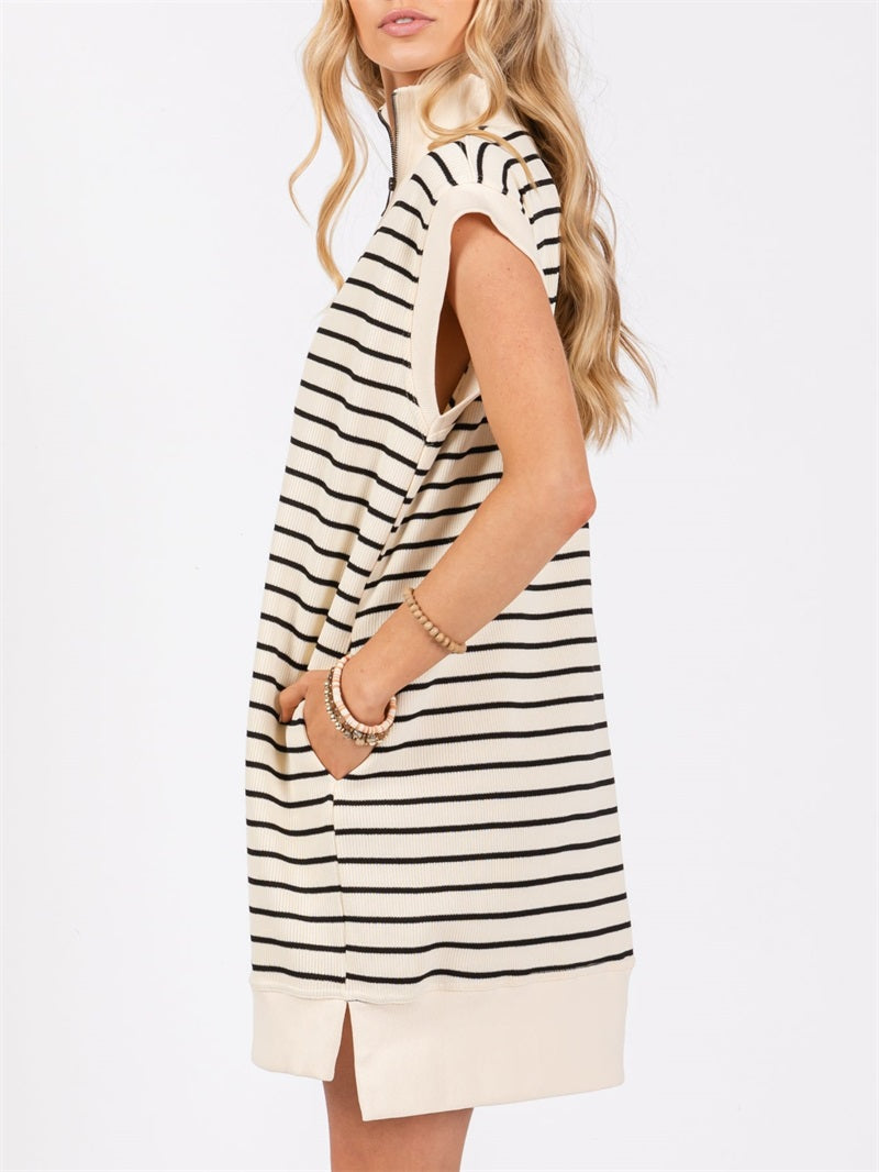 Cream Striped Half Zip Knit Dress✨Buy 2 Free Shipping